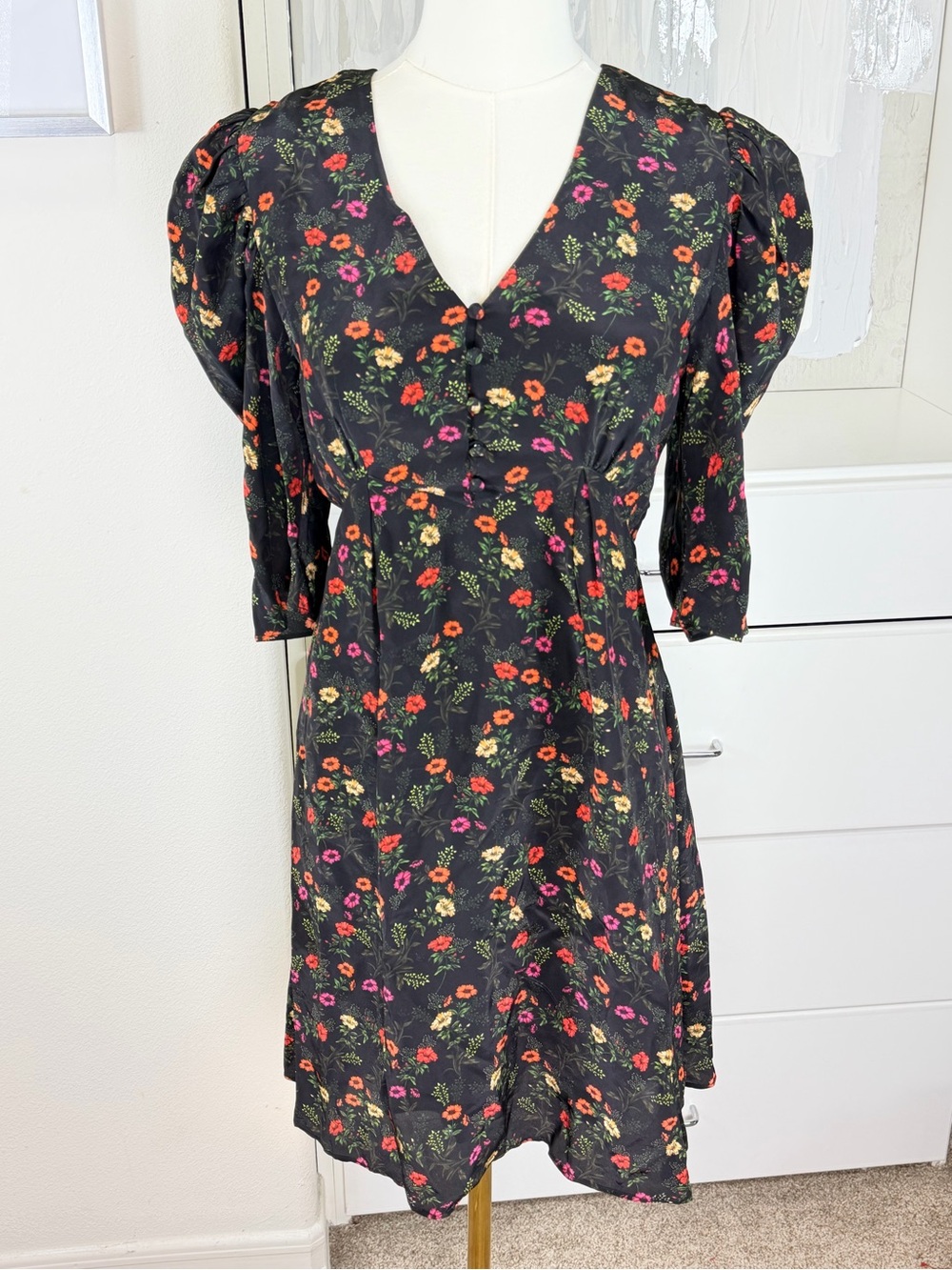 The Kooples Floral Mini Dress Size 1 US Small Puff Sleeve V-Neck Black Printed
